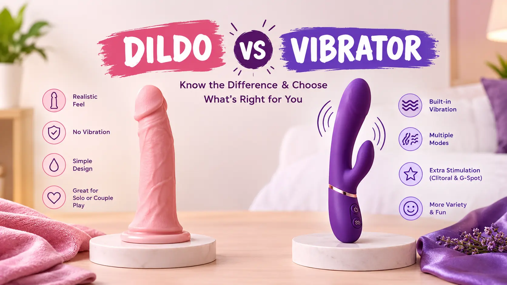 Dildo vs vibrator comparison showing key differences, features, and stimulation options