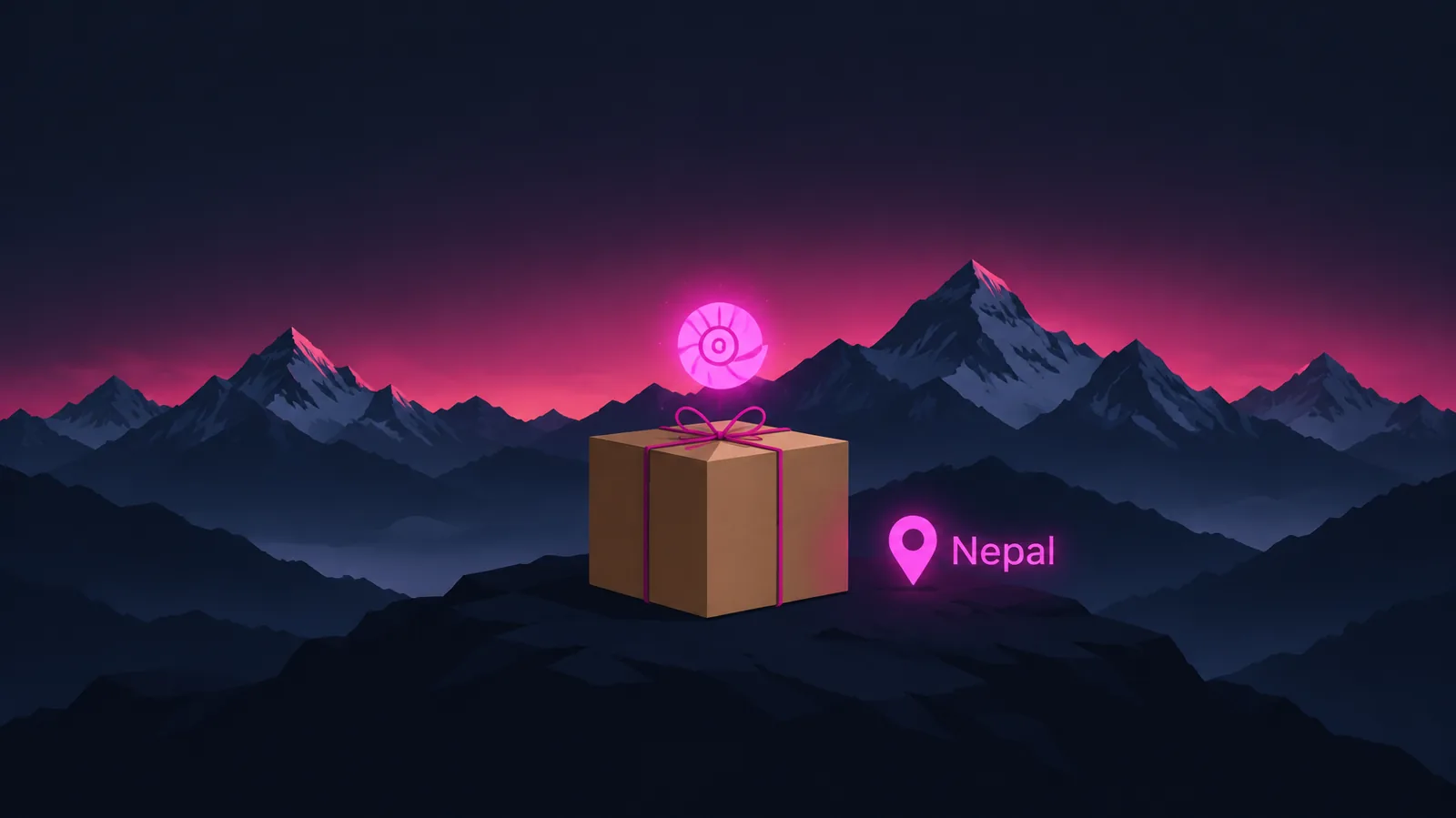 Plain delivery box with ribbon and a glowing snail-shell icon in front of Himalayan mountains with a Nepal location pin