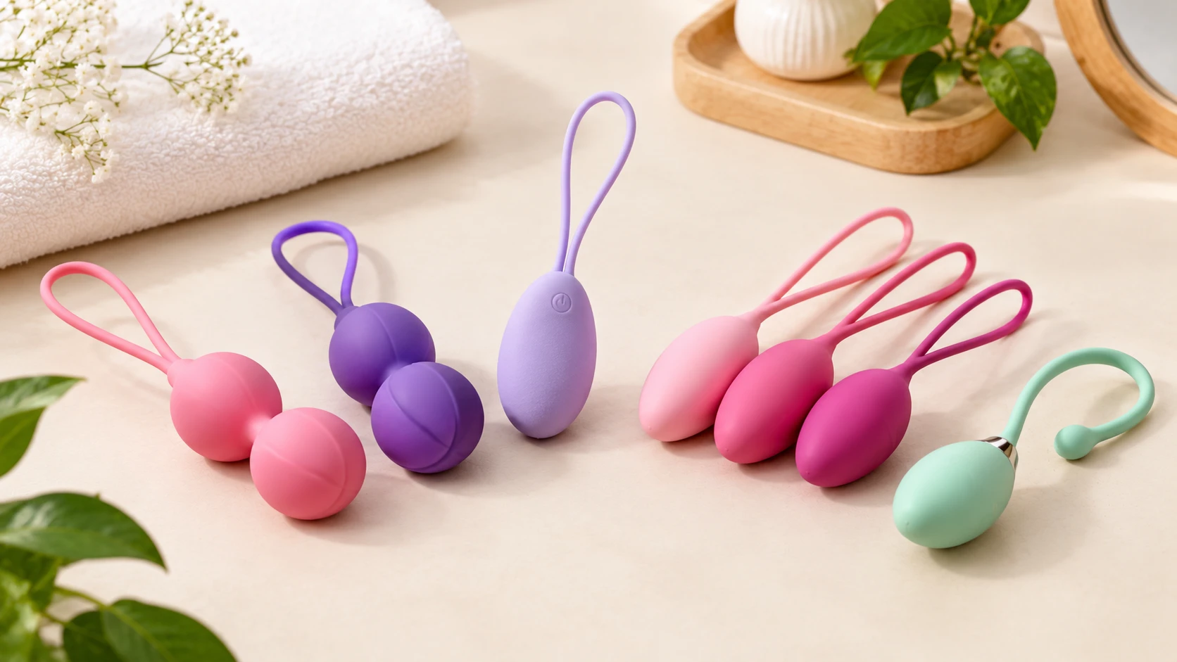 Different types of silicone Kegel balls in pink, purple and green with removal loops.
