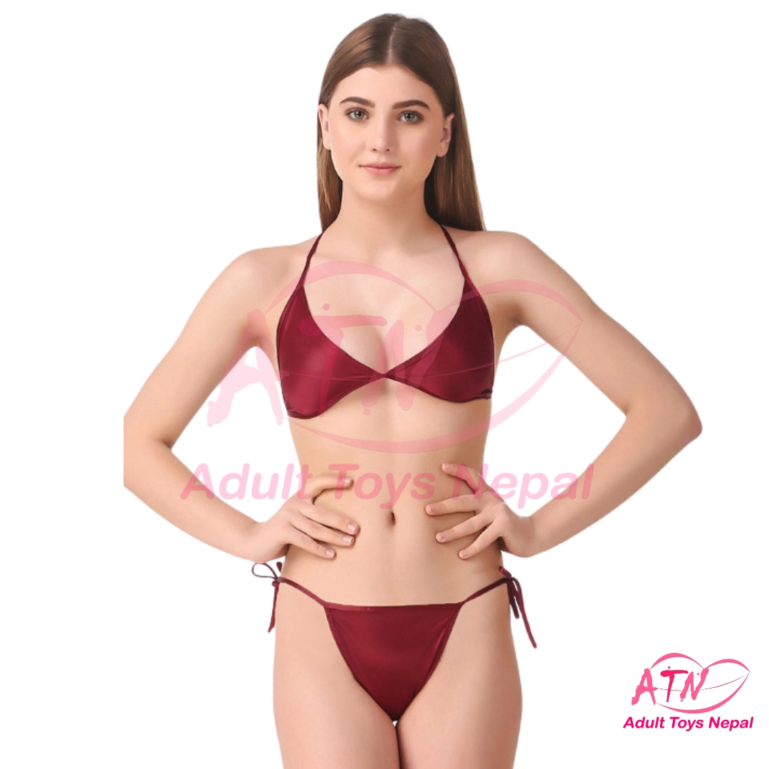 Maroon Lace Sexy Babydoll Lingerie Set For Girls