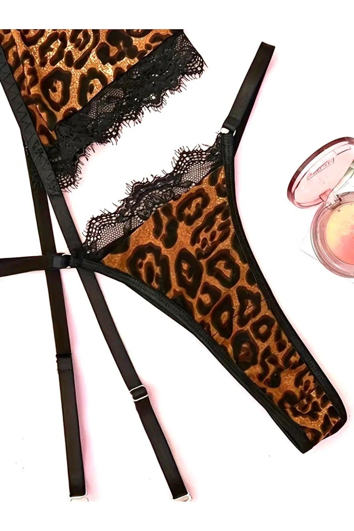 Leopard print lingerie set with garter belt, lace trim and chain detail | Adult Toys Nepal Image Detail