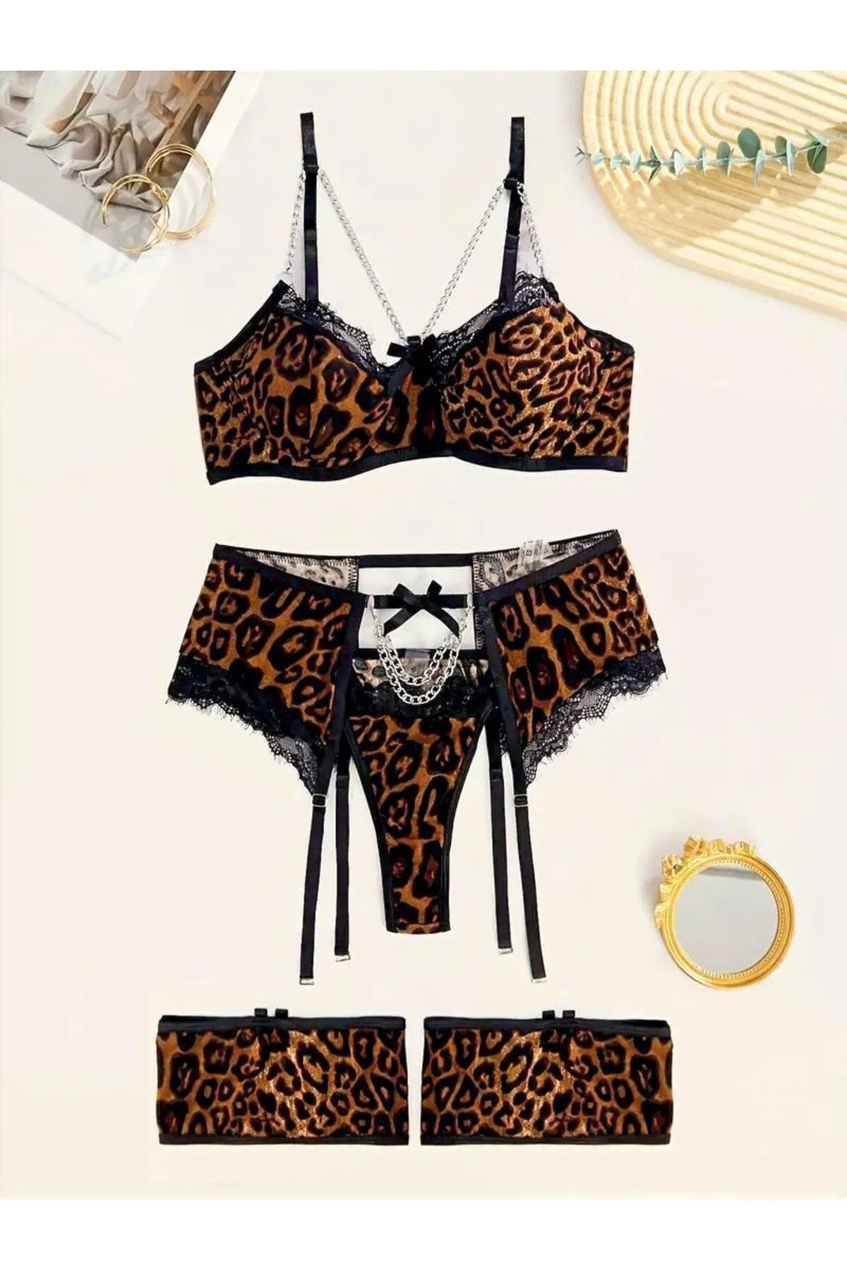 Printed lingerie set with garter belt, lace trim and chain detail | Adult Toys Nepal
