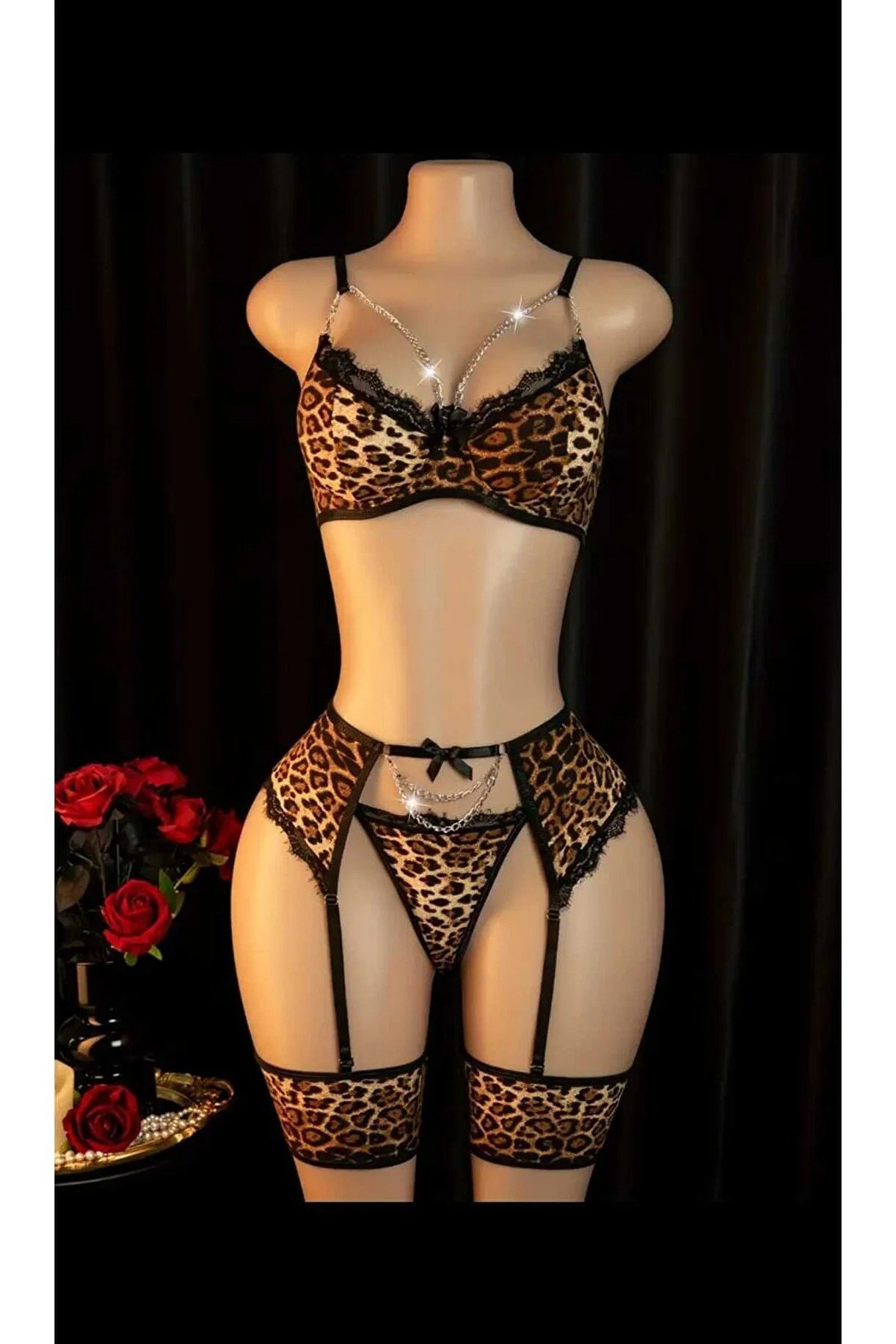 Leopard print lingerie set with garter belt, lace trim and chain detail | Adult Toys Nepal in Dummy