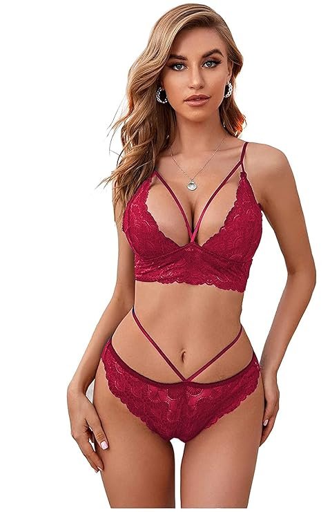 Maroon lace bra and panty set with strappy detail Front View