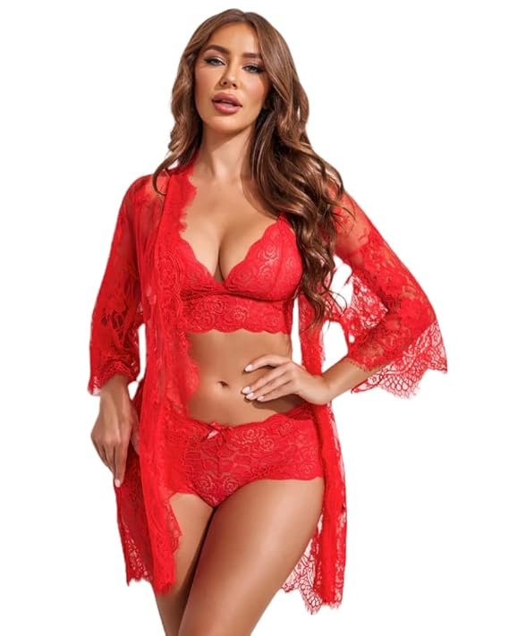 Red Floral Lace Lingerie Set with Robe (3 Pieces) photo 5