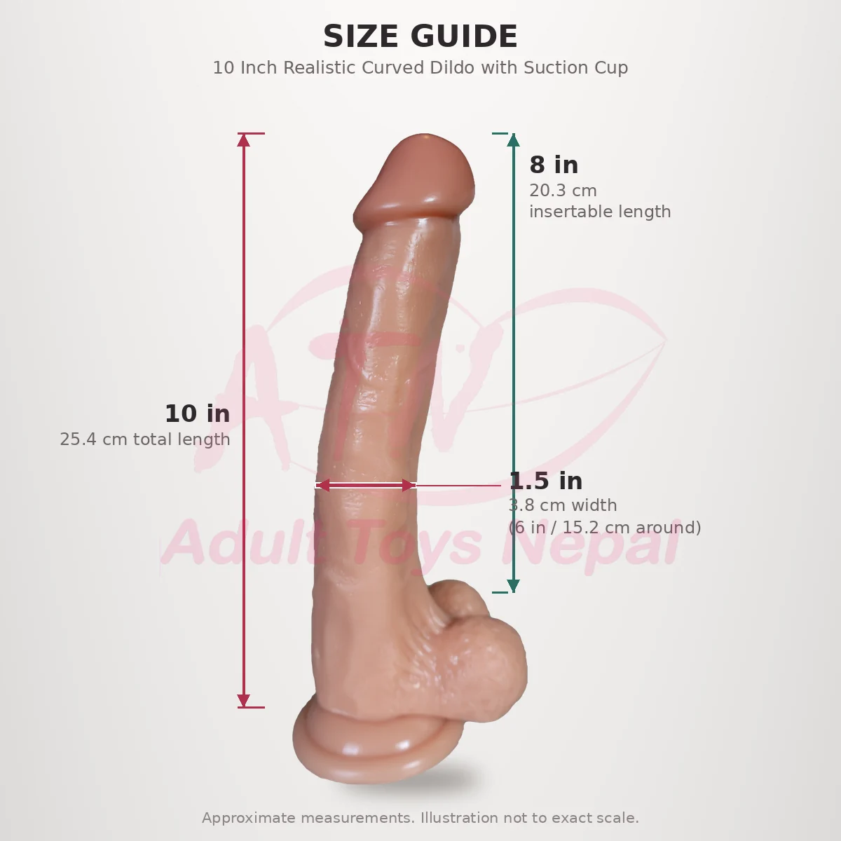 Size guide for the 10 inch curved dildo: 8 inch insertable length and 1.5 inch width